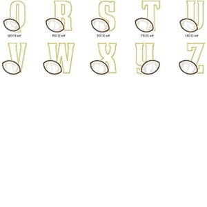 May include: A set of gold-colored letters with a football graphic inside each letter. The letters are O, R, S, T, U, V, W, X, Y, and Z.