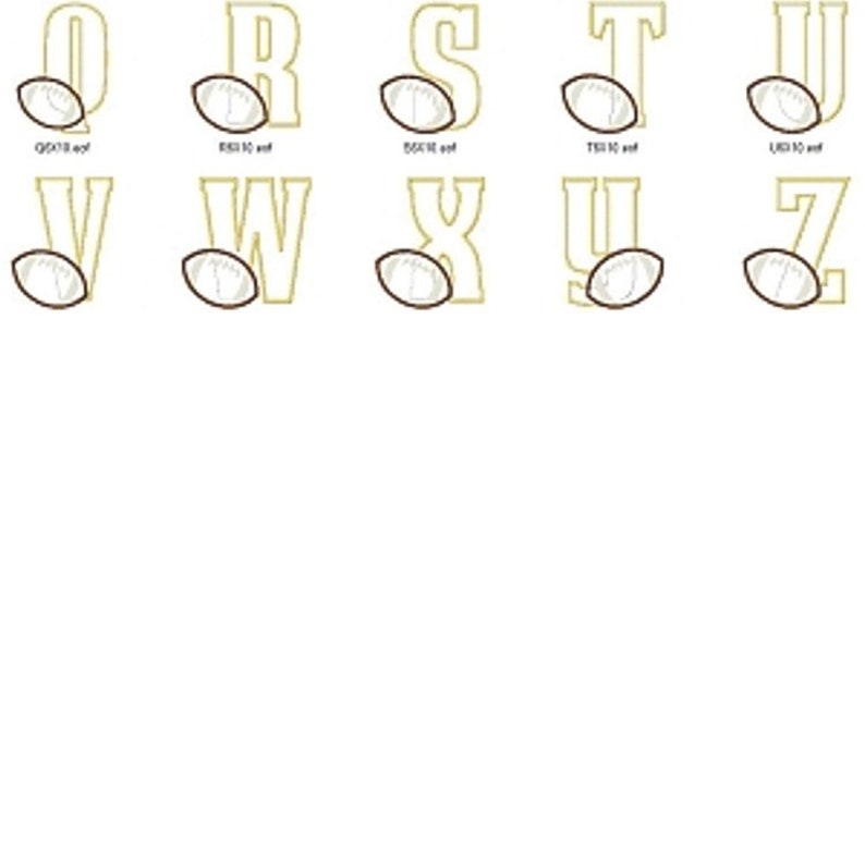 May include: A set of gold-colored letters with a football graphic inside each letter. The letters are O, R, S, T, U, V, W, X, Y, and Z.