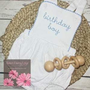 Boy&#39;s Birthday Sunsuit, Birthday Boy, First Birthday, Vintage Style Sunsuit, Blue Gingham Trim or Solid White, Saras Daisy Love