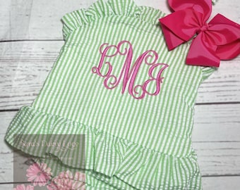 Girls Embroidered Seersucker Swimsuit, Personalized One Piece