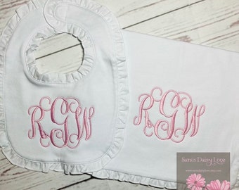 Monogrammed Baby Bib and Burp Cloth Set, Ruffle Trim