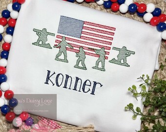 Kids Patriotic Shirt, Army Men Embroidery, American Flag, July 4th