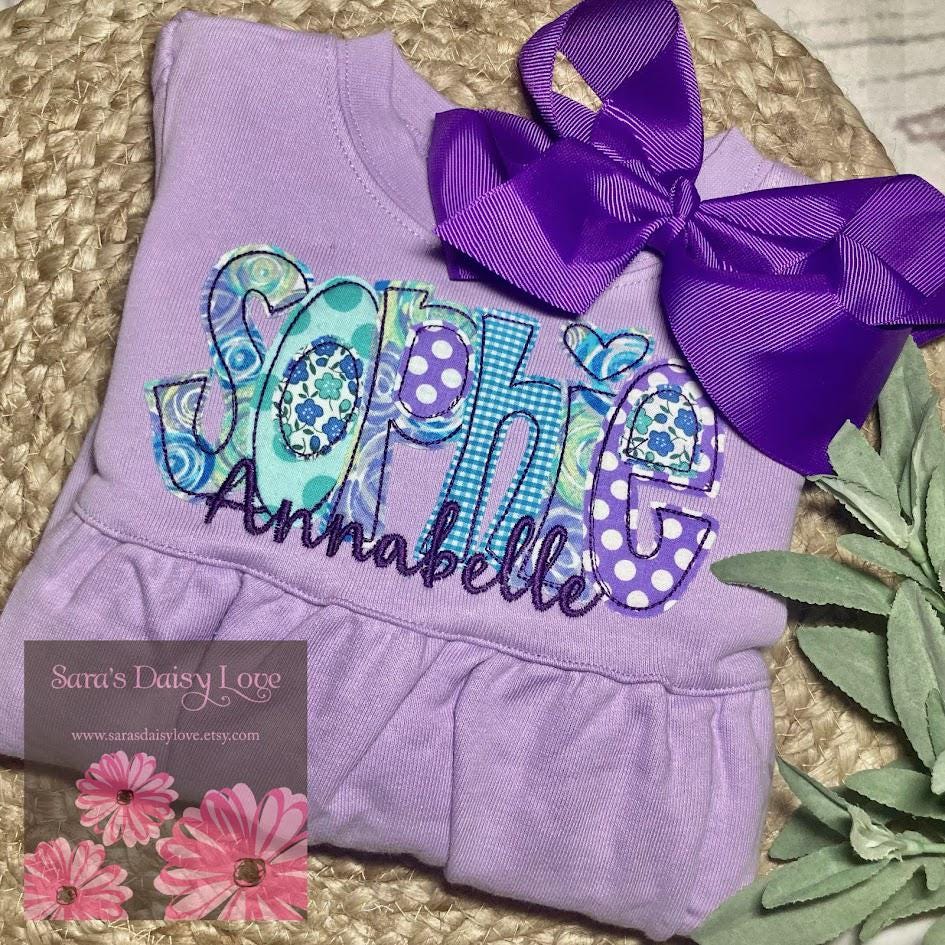 Girl's Lilac Applique Bubble Sweatshirt, Personalized Name Shirt