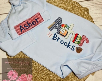 Personalized Baseball Themed Infant Gown and Hat,  Applique Name Baby Gown, Baby Boy Shower Gift, Coming Home Outfit, Sara's Daisy Love