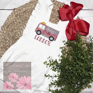 Gingham Firetruck Applique Ruffle Bubble, Personalized Baby Girl Romper