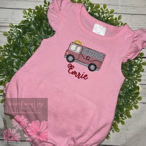 Firetruck Ruffle Bum Bubble, Infant and Toddler Bubble, Gingham Firetruck, Personalized, Sara&#39;s Daisy Love