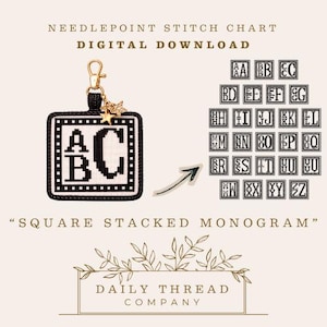 May include: A digital download of a needlepoint stitch chart. The image features a square monogram with the letters A, B, and C in black and white. Additional monogram options are displayed. The text "SQUARE STACKED MONOGRAM" is also present.