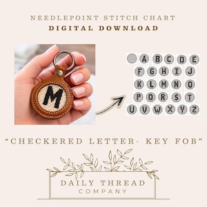 May include: A brown leather key fob with a checkered letter "M" stitched on a beige background. The image also includes a needlepoint stitch chart and the text "CHECKERED LETTER- KEY FOB".