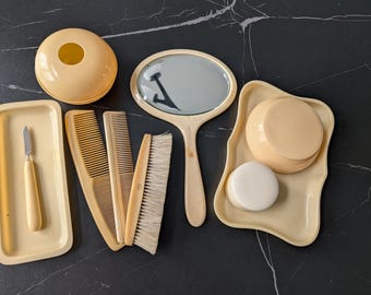 Vintage French Ivory Vanity Set 10 Piece Art Deco Dresser Set Mirror Brush Comb Tray Celluloid Grooming Kit 1930s