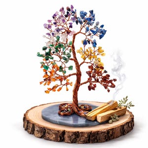 May include: A handcrafted gemstone tree with a copper wire trunk and branches, adorned with colorful crystals representing the chakras. The tree sits on a wooden base with a gray stone and two pieces of Palo Santo wood.