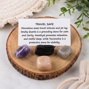 Safe Travel Crystal Set, Travel Protection Crystal Kit, Moonstone Smoky Quartz, Amethyst,Black Tourmaline, crystal Gift, Meditation Crystals