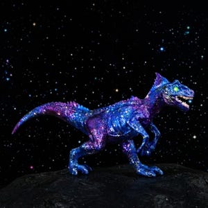 May include: A blue and purple dinosaur figurine with a galaxy design. The toy dinosaur has a long tail, a spiky back, and green eyes. It is posed on a dark, textured surface against a starry background.