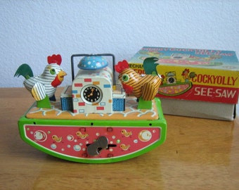 Vintage Merry COCKYOLLY SEE-SAW Toy  Tin Litho  wBox     1950's     S. Y.    Japan