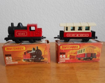 Vintage MATCHBOX 43 Steam Locomotive with Box and 44 Passenger Coach with Box Lesney, England     circa 1978     Never Been Used