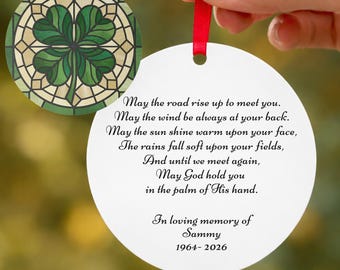 Personalized Irish Blessing Ornament, Stained Glass Shamrock Metal Memorial Keepsake
