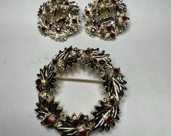 Vintage Dodds Weihnachtskranz Gold Tone Rot Strass Brosche & Ohrringe Set READ