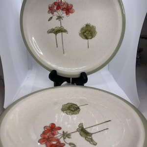 Op de afbeelding: Twee keramische borden met een gespikkelde, gebroken witte ondergrond. Elk bord heeft een bloemenontwerp met rode bloemen en groene bladeren. De randen zijn afgezet met een gedempt groen. De borden worden op een zwarte standaard gepresenteerd.