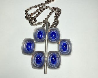 Vintage Jorgen Jensen Brutalist Blue Glass Cabachon Pewter Statement Necklace
