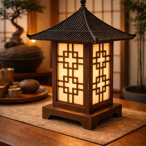 Könnte beinhalten: Eine japanische RGB-Lampe aus Holz mit einem Dach im Pagodenstil und geometrischen Ausschnitten. Die Lampe ist beleuchtet und strahlt ein warmes Licht aus. Der Text "Pine Japanese RGB Lamp" ist über der Lampe zu sehen.