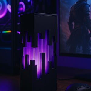 May include: A black, rectangular desk lamp with a pixelated design on the front, emitting a vibrant purple glow. The lamp is on a wooden desk, next to a computer mouse and keyboard. A computer monitor displays a game scene.