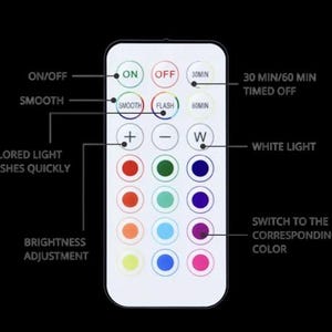 May include: A white remote control with multiple buttons for controlling colored lights. Buttons include on/off, smooth, flash, brightness adjustment, and color selection. The remote also features a timer function and a white light option.