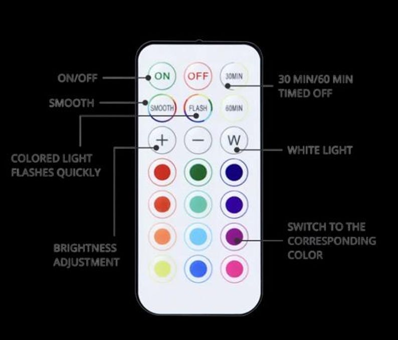 May include: A white remote control with multiple buttons for controlling colored lights. Buttons include on/off, smooth, flash, brightness adjustment, and color selection. The remote also features a timer function and a white light option.