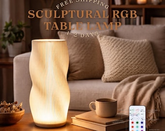 Sculptural RGB Table Lamp – Wavy Ribbed Ambient Light, Minimalist Bedside Accent (Remote Included)