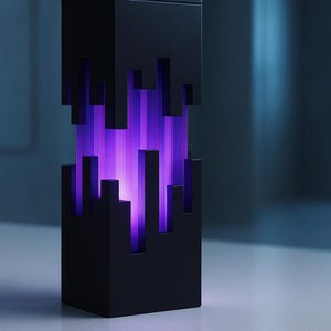 May include: A black, rectangular lamp with a geometric design. The lamp has a series of cut-out shapes that reveal a vibrant purple light within. The lamp is sitting on a white surface.