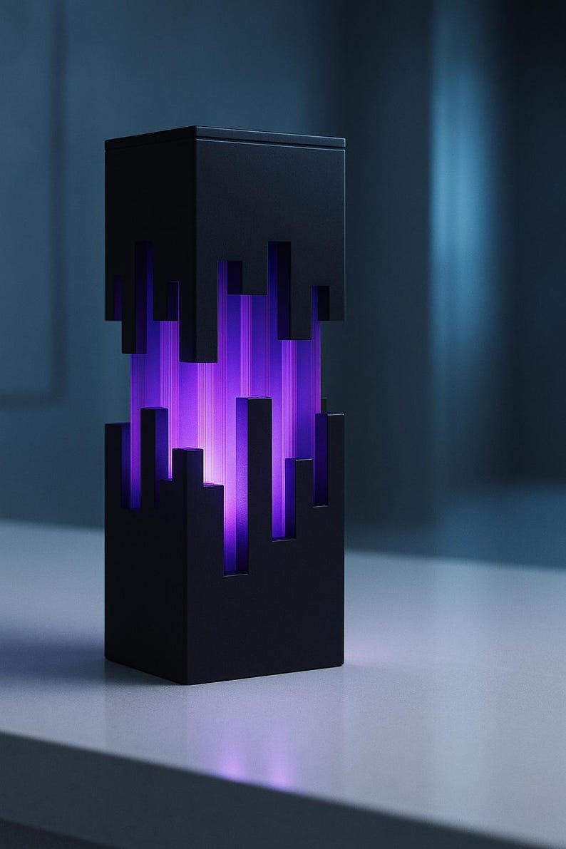 May include: A black, rectangular lamp with a geometric design. The lamp has a series of cut-out shapes that reveal a vibrant purple light within. The lamp is sitting on a white surface.