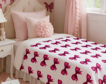 Pink Bow Velveteen Plush Blanket, Cozy Throw