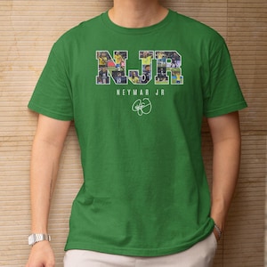 A person wearing a green t-shirt with the text "NJR" and "NEYMAR JR" printed on it.