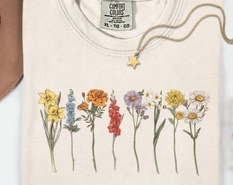 Botanical Floral Mama Shirt, Wildflower Birth Flower Tee, Spring Summer Comfort Colors