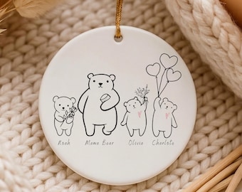 Personalized Ceramic Bear Family Ornament, Custom Mother's Day Gift, Names Year Keepsake