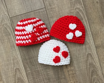 Valentine's Day Baby Hat, Hearts Beanie For Kids, Valentines Photo Props, Heart Baby Crochet Hat, Infant Beanie Hat, Preemie Beanie Hat