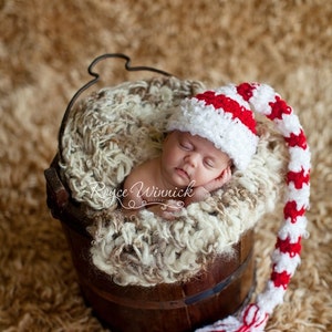 Baby Elf Hat, Xmas Photography Prop, Christmas Costume, Newborn Holiday Outfit, Long Tail Hat, Baby Pixie Hat, Stripped Elf Hat, Xmas Outfit image 1