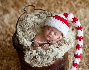 Baby Elf Hat, Xmas Photography Prop, Christmas Costume, Newborn Holiday Outfit, Long Tail Hat, Baby Pixie Hat, Stripped Elf Hat, Xmas Outfit