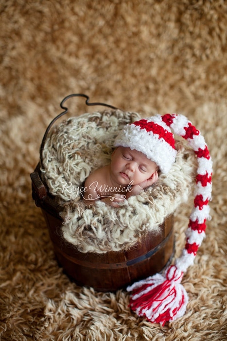 Baby Elf Hat, Xmas Photography Prop, Christmas Costume, Newborn Holiday Outfit, Long Tail Hat, Baby Pixie Hat, Stripped Elf Hat, Xmas Outfit image 1