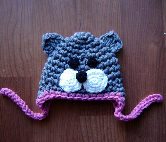 女の子用かぎ針編み猫帽子、キティかぎ針編みボンネット帽子、新生児用