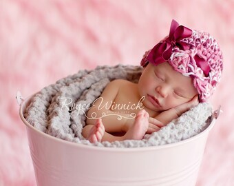 Baby Cloche Hat With Ribbon, Baby Flapper Hat, Newborn Photography Props, Pink Girl Crochet Hat, Chunky Knit Baby Beanie, Baby Shower Gift