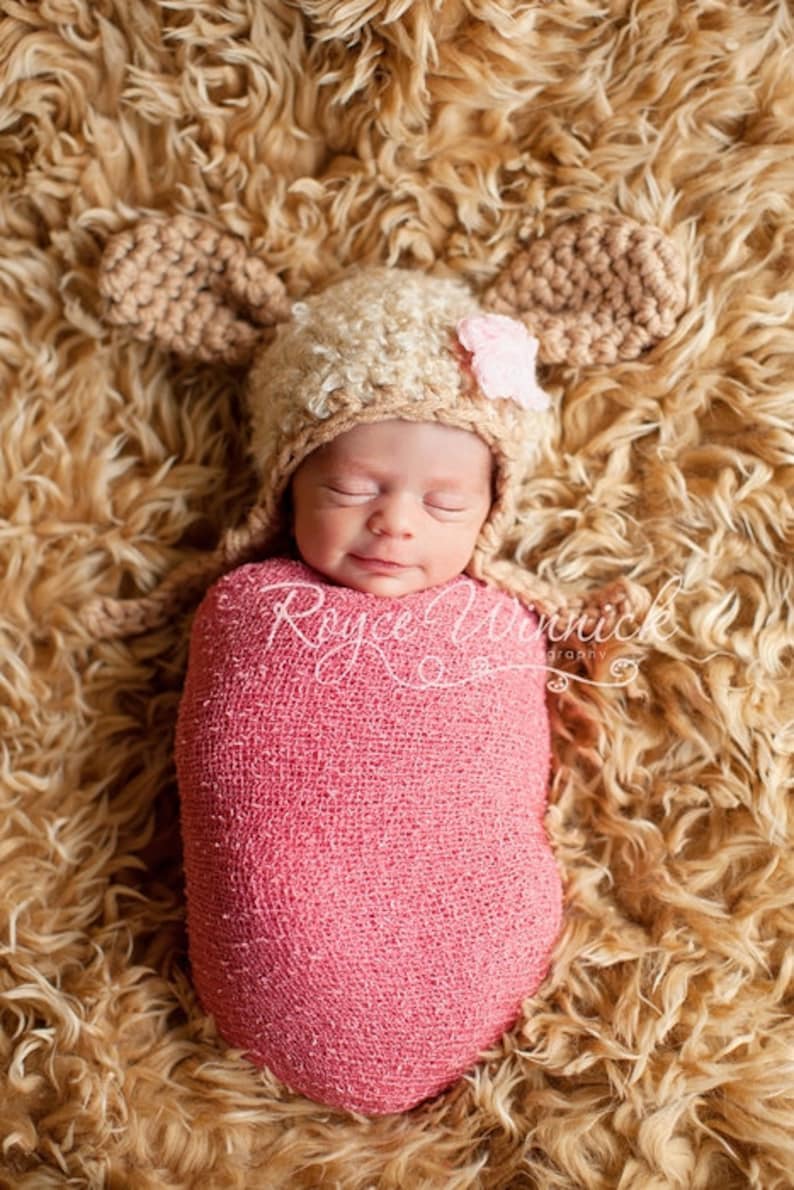 Crochet Lamb Baby Hat, Newborn Photography Props, Sheep Earflap Hat, Gender Neutral Baby Hat, Animal Crochet Hat, Baby Knitted Lamb Hat image 3