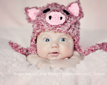 Newborn Pig Hat, Baby Photography Prop, Baby Piggy Earflap Hat, Newborn Photo Shoot, Farm Animal Crochet Hat, Pink Pig Beanie, Kids And Baby