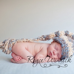 Newborn Elf Hat, Striped Long Tail Hat, Crochet Stocking Hat For Baby, Pixie Hat With Tassel, Valentines Costume, Newborn Photography Outfit image 1