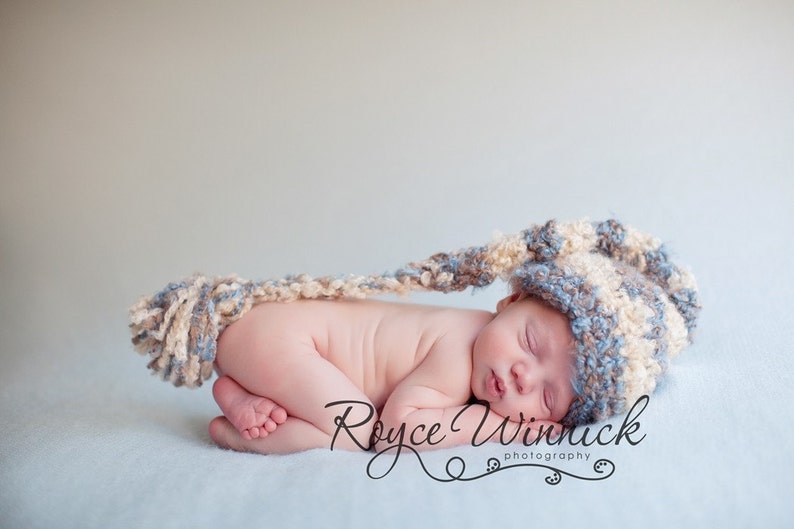 Newborn Elf Hat, Striped Long Tail Hat, Crochet Stocking Hat For Baby, Pixie Hat With Tassel, Valentines Costume, Newborn Photography Outfit image 1