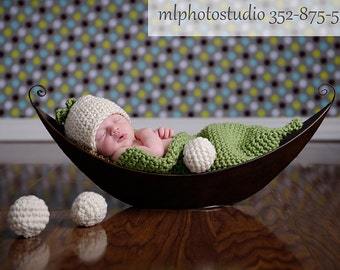 Baby Pea Costume, Newborn Halloween Costume, Photography Outfit, Newborn Pea Pod Outfit, Sleeping Bag And Beanie Set,Crochet Swaddle Blanket