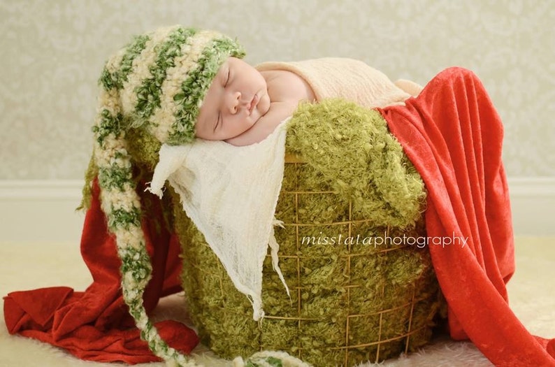 Newborn Elf Hat, Striped Long Tail Hat, Crochet Stocking Hat For Baby, Pixie Hat With Tassel, Valentines Costume, Newborn Photography Outfit image 3