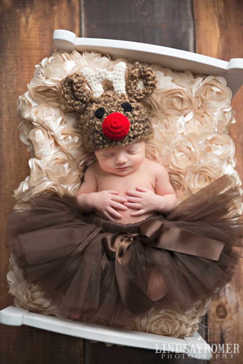 Reindeer Hat Baby, Christmas Costume Kids, Newborn Xmas Hat, Red Nose Beanie, Preemie Holiday Outfit, Christmas Photoshoot, Infant Deer Hat image 1