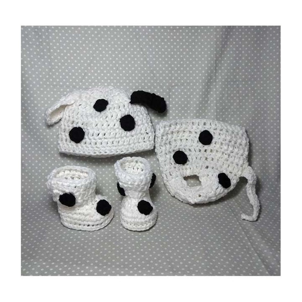 Costume d'Halloween de bébé dalmatien, ensemble de crochet dalmatien, chapeau de bonnet dalmatien, couvre-couche de chiot, bottes pour bébé, accessoire de photographie nouveau-né