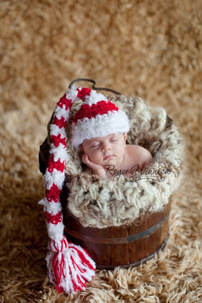 Baby Elf Hat, Xmas Photography Prop, Christmas Costume, Newborn Holiday Outfit, Long Tail Hat, Baby Pixie Hat, Stripped Elf Hat, Xmas Outfit image 2