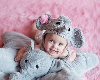 Babyelefantmössa, Halloweenkostym för nyfödd, stickad djurmössa, öronlapp för nyfödd elefant, fotografering av nyfödd, virkad mössa för babyflicka, present