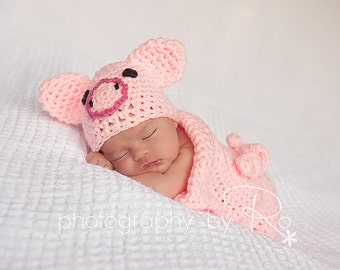 Baby Piglet Costume, Pig Halloween Costume For Baby, Farm Animal Crochet Cocoon And Pig Beanie Set, Piggy Hat, Newborn Photography Prop,